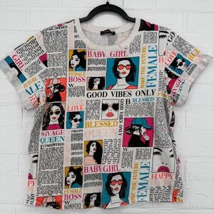 ATTITUDE NOT INCLUDED Shirt Womens L White All Over Print Newspaper Graphic Tee